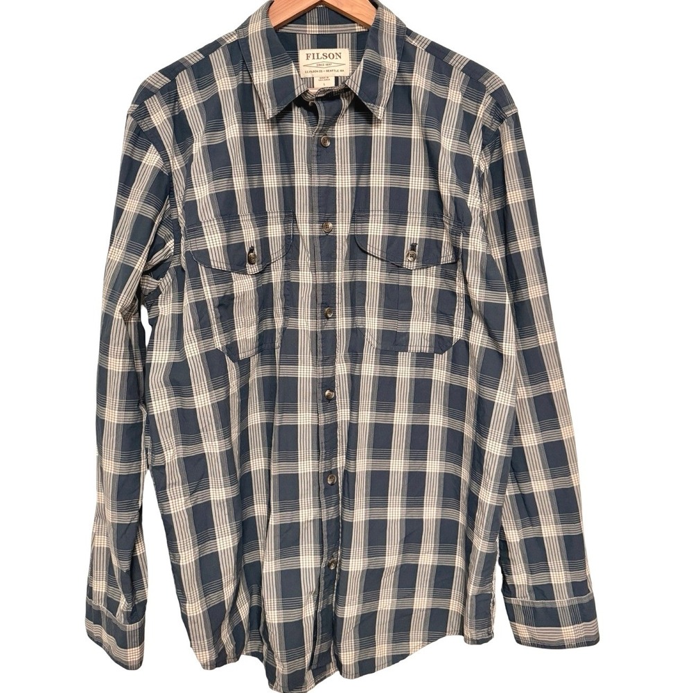 Filson Button Down Long Sleeve Shirt L Blue Cotton Plaid Poplin Workwear Rugged